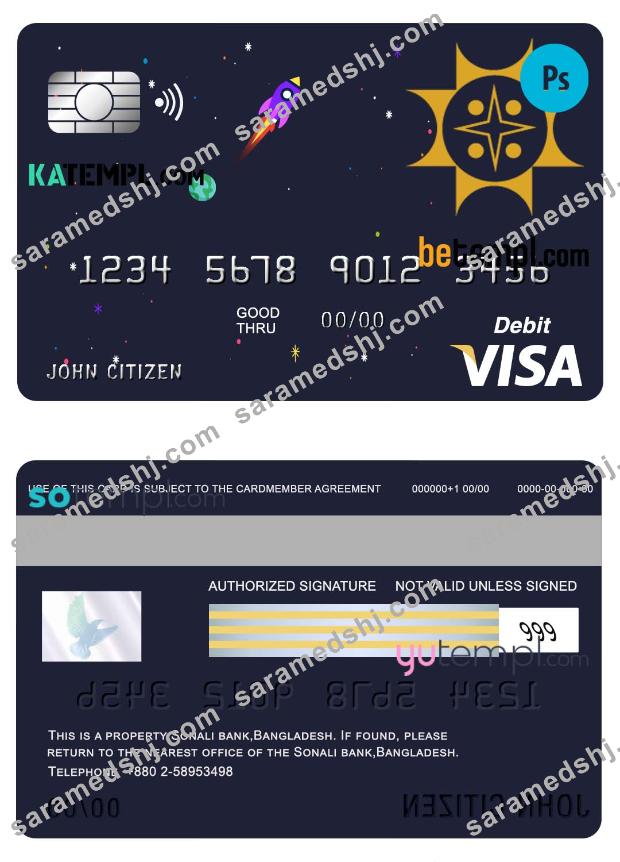 Bangladesh Sonali Bank visa card debit card template in PSD format, fully editable